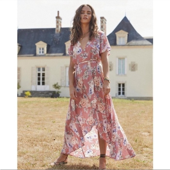 Auguste The Label Pascal Muse Floral Wrap Maxi Dress Pink Peach Short Sleeve 8 - Picture 7 of 16